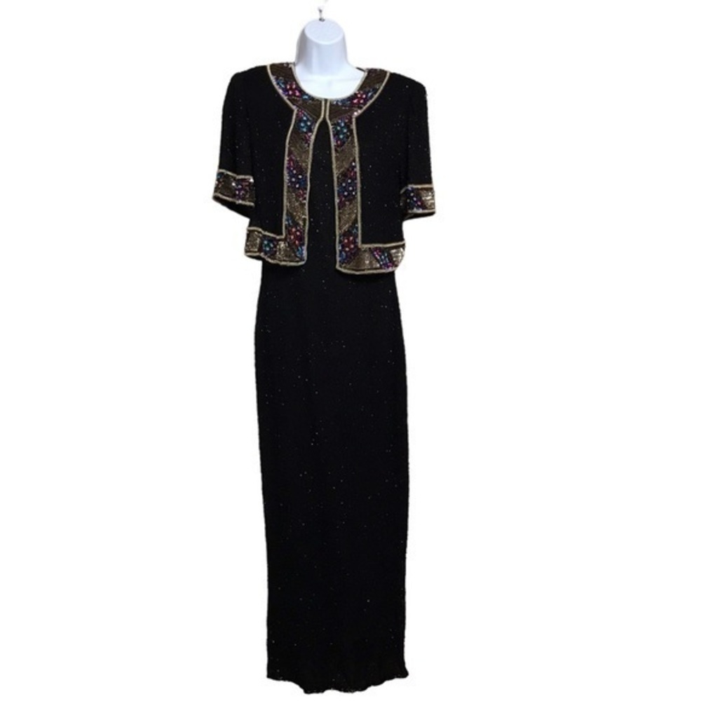 Vintage Laurence Kazar Black Gold multi colors Full-Length Sequin Beaded Gown M